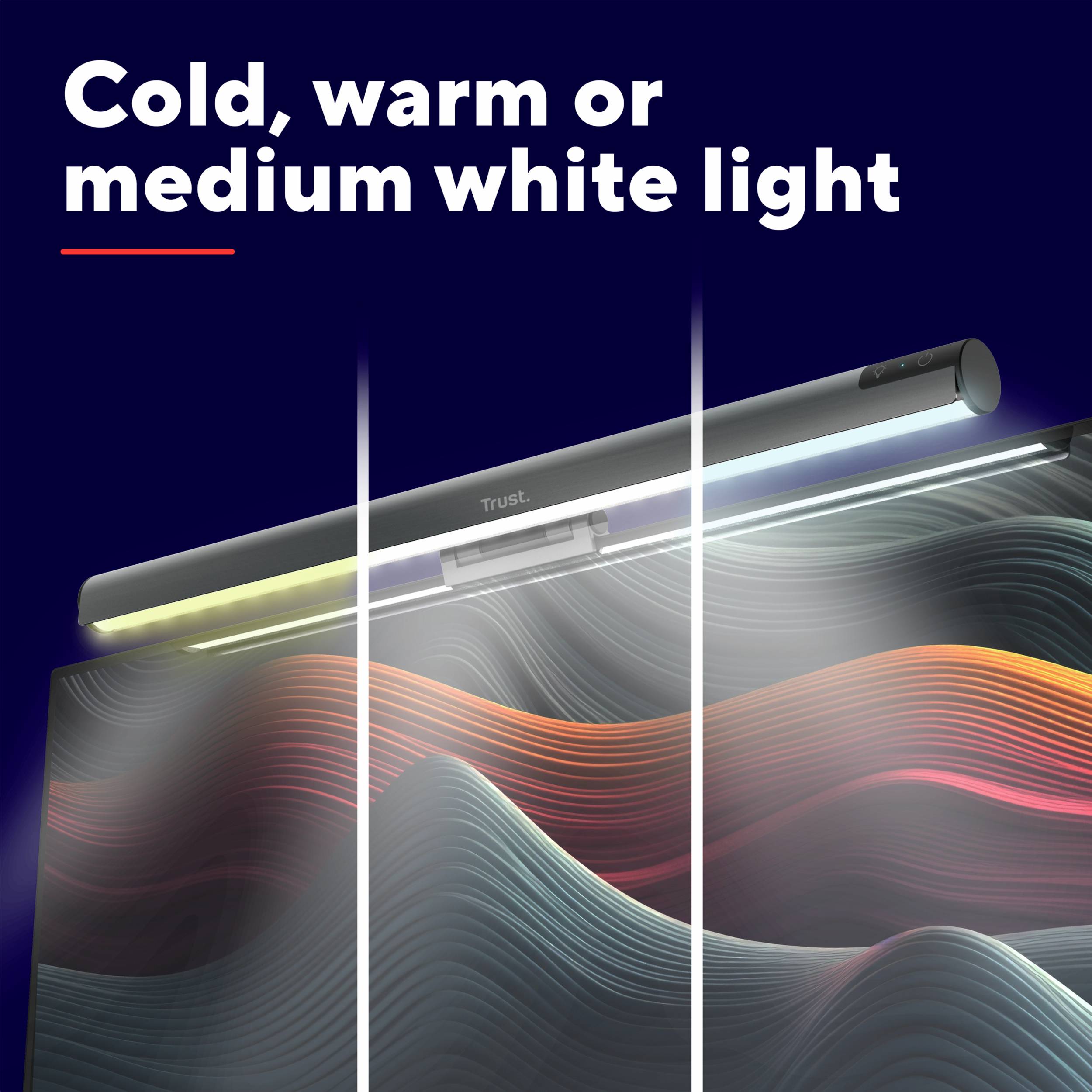 LED-Leuchte mit drei Lichtfarben: kaltweiß, warmweiß und mittelweiß. Hintergrund mit fließenden Farblinien in Blau- und Rottönen.