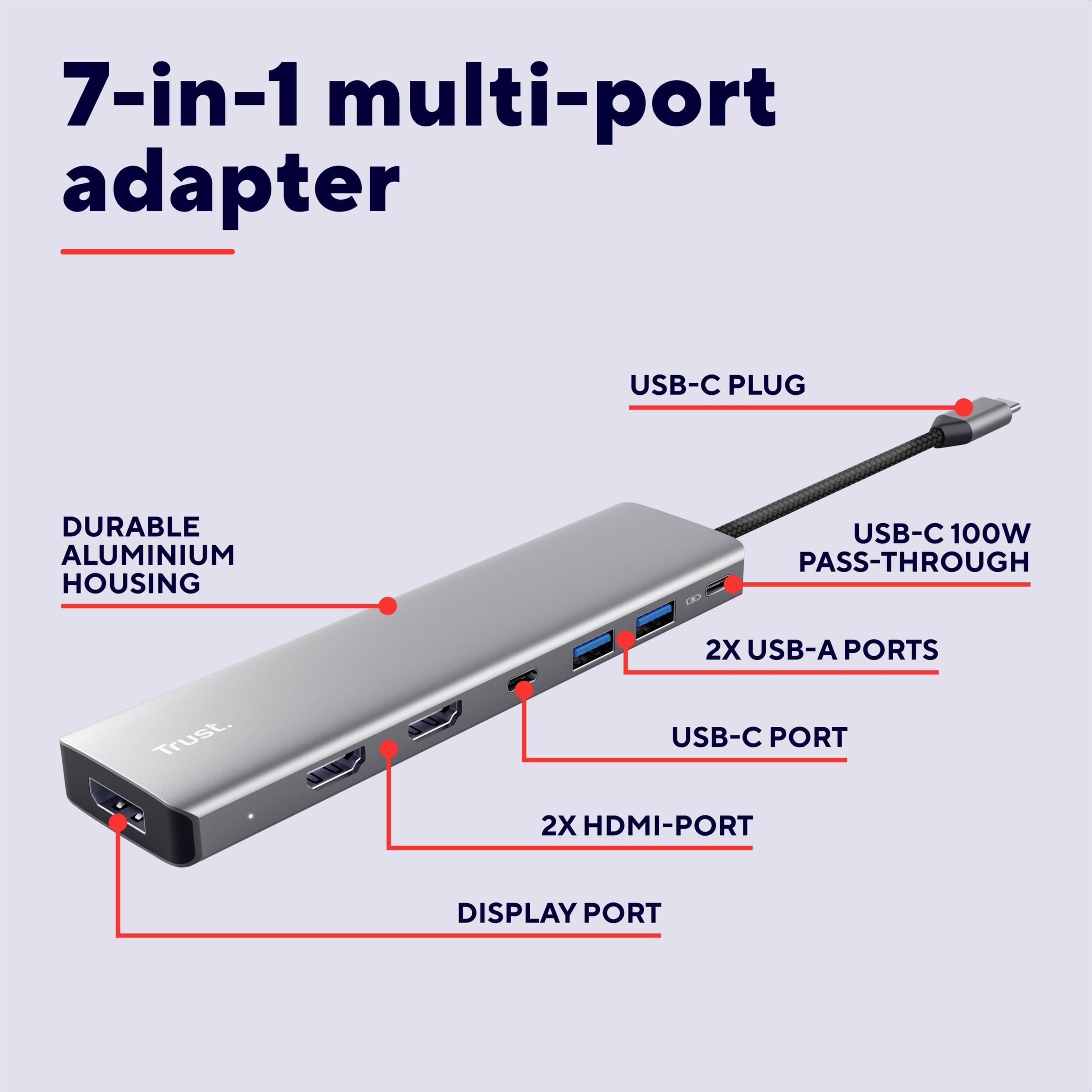 Grau-farbener '7-in-1 Multi-Port Adapter' mit Aluminiumgehäuse. Enthält USB-C-Stecker, 2 HDMI-Ports, 2 USB-A-Ports, USB-C 100W und Display-Port.
