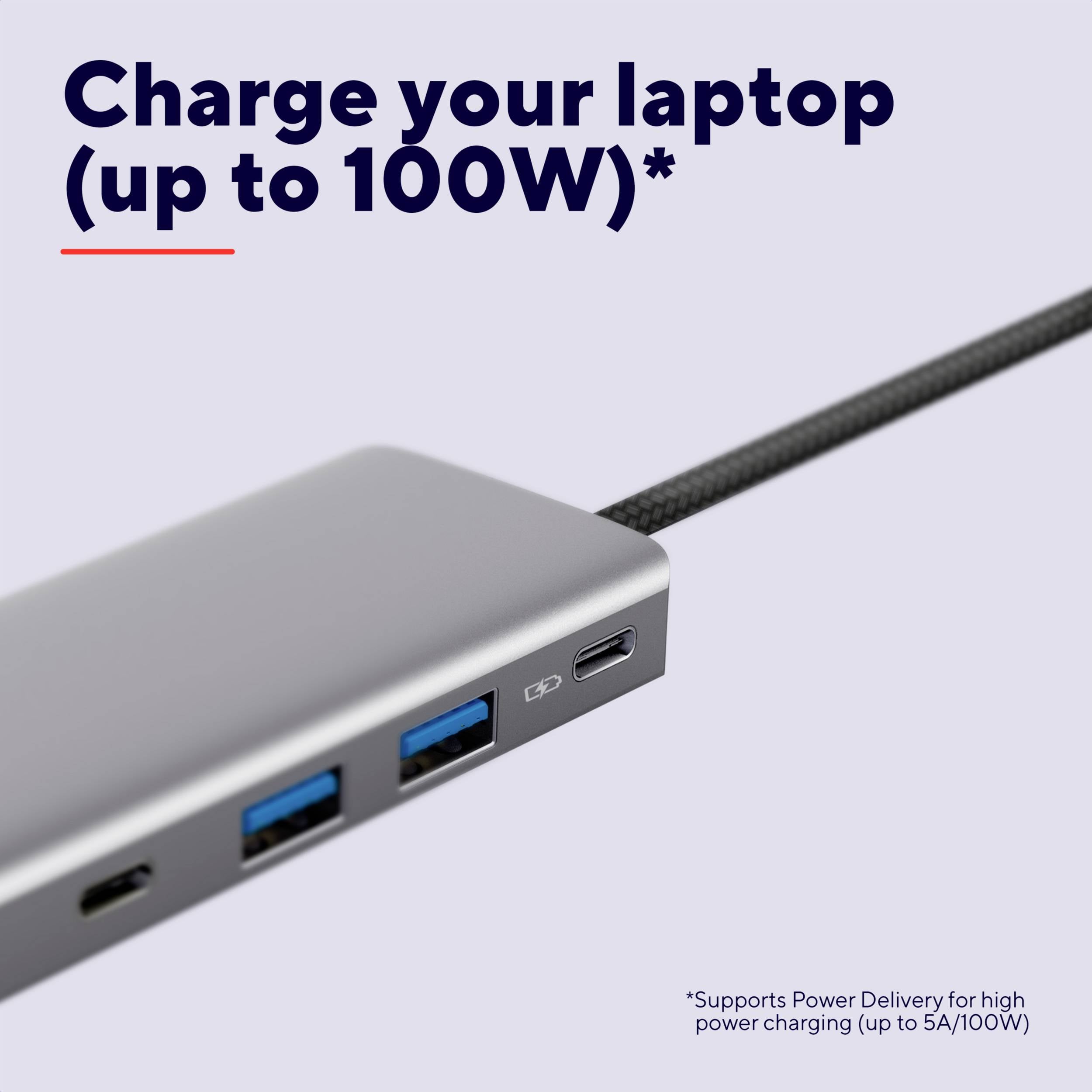 USB-C-Hub mit mehreren Anschlüssen, inklusive USB-A und HDMI, und einer Beschriftung: 'Lade deinen Laptop (bis zu 100W)'.