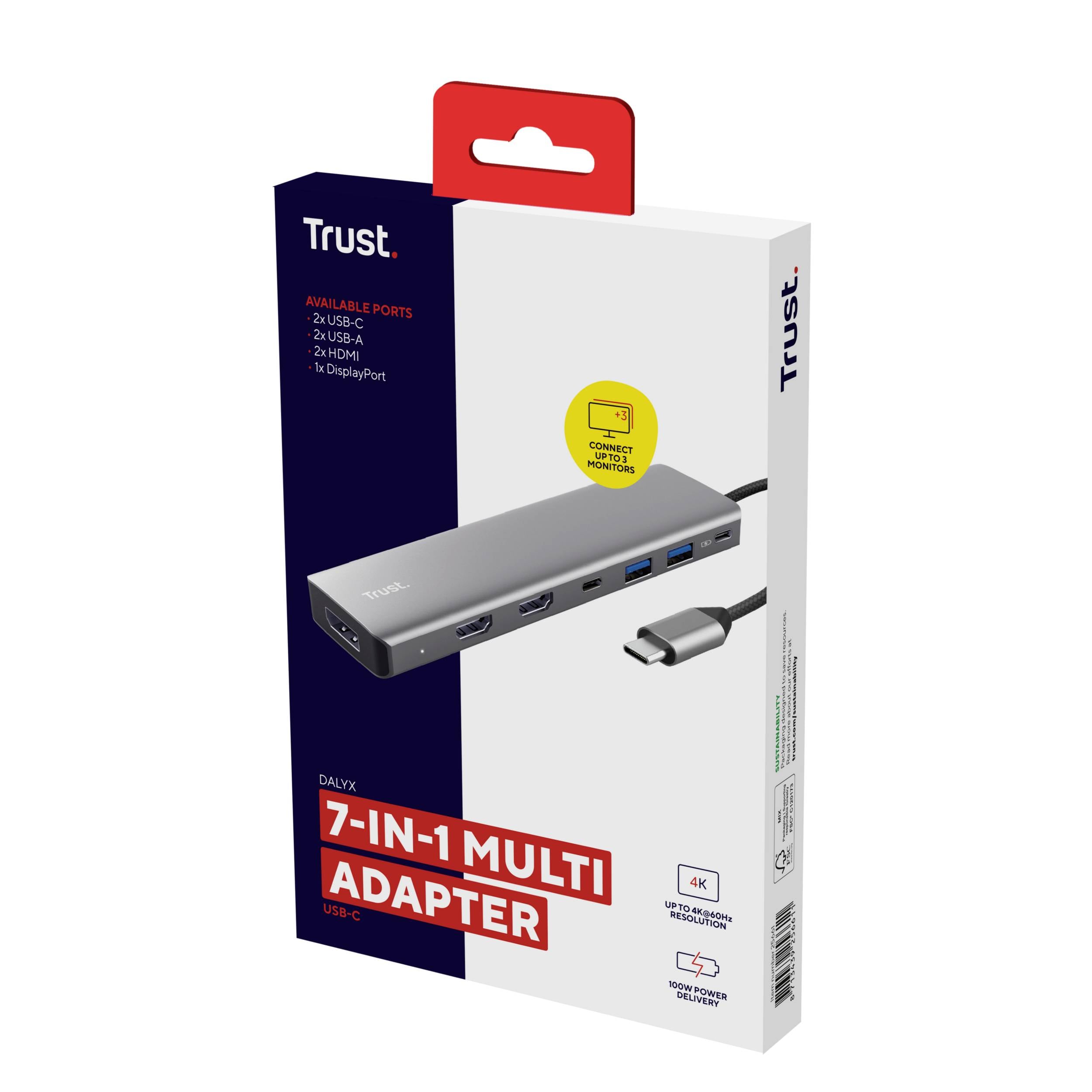 Mehrfachadapter von Trust mit 7 Anschlüssen, darunter USB-C und HDMI. Verpackung zeigt Produktbild und Anschlussmöglichkeiten.