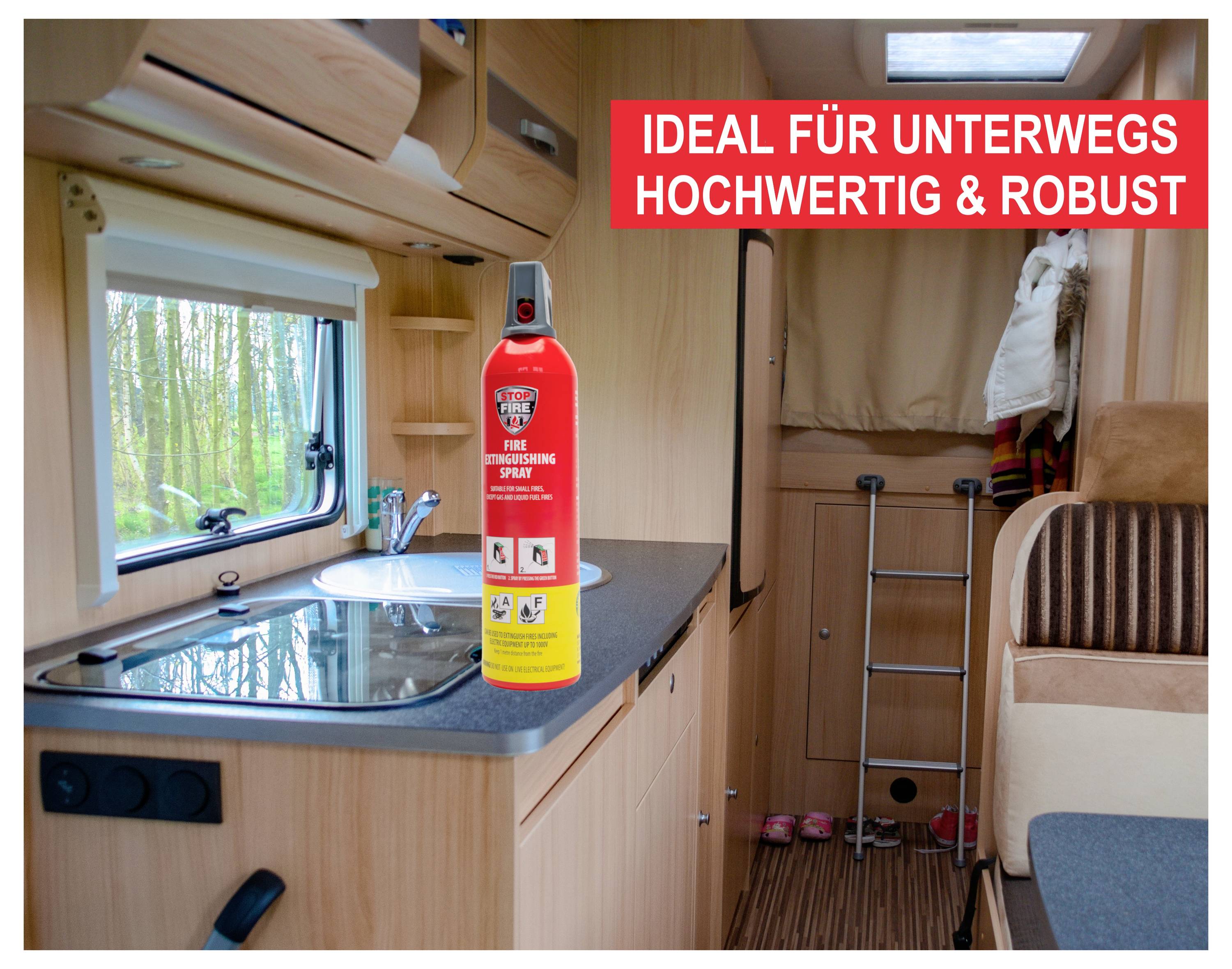 Innenraum eines Wohnmobils mit Küchenzeile und Feuerlöschspray. Text oben: 'Ideal für unterwegs, hochwertig & robust'.