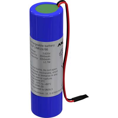 Blauer zylindrischer Akku mit rotem und schwarzem Kabel. Etikett zeigt Spannung 3,635V, Kapazität 3500mAh, und Warnhinweise.