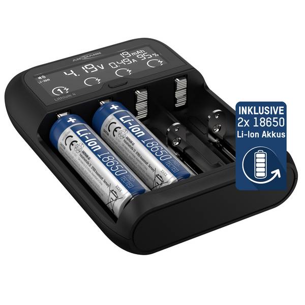 Ansmann Lithium 4 Universalladegerät mit 2x 18650 Akkuzellen (2600mAh) Ladegerät LiIon, LiFePO4, NiMH 18500, 18650, 14500, 16340, 17670, 22650, 26650