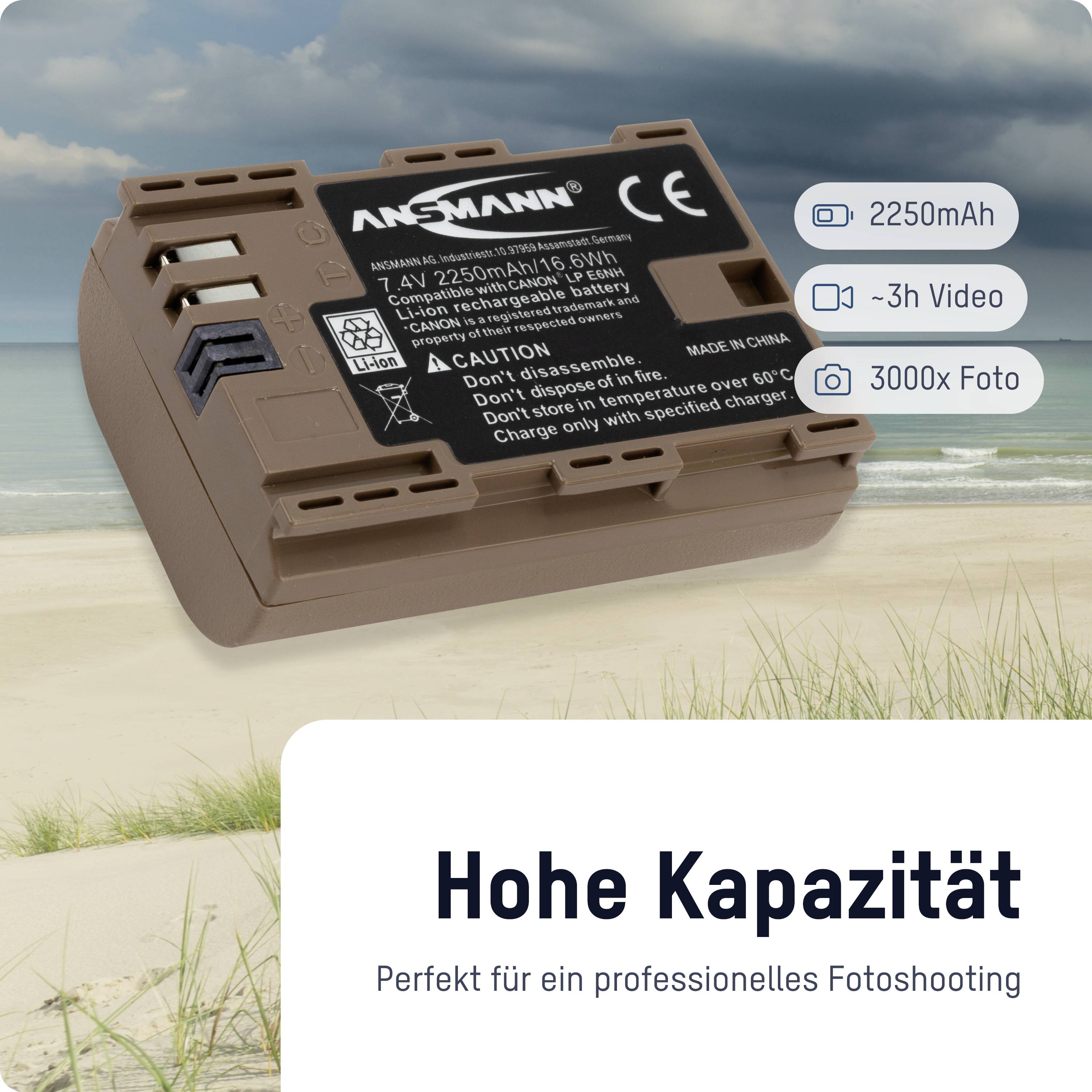 Eine braune Kamera-Batterie mit der Aufschrift 'Hohe Kapazität', 2250mAh, geeignet für bis zu 3 Stunden Video. Perfekt für professionelle Fotoshootings.