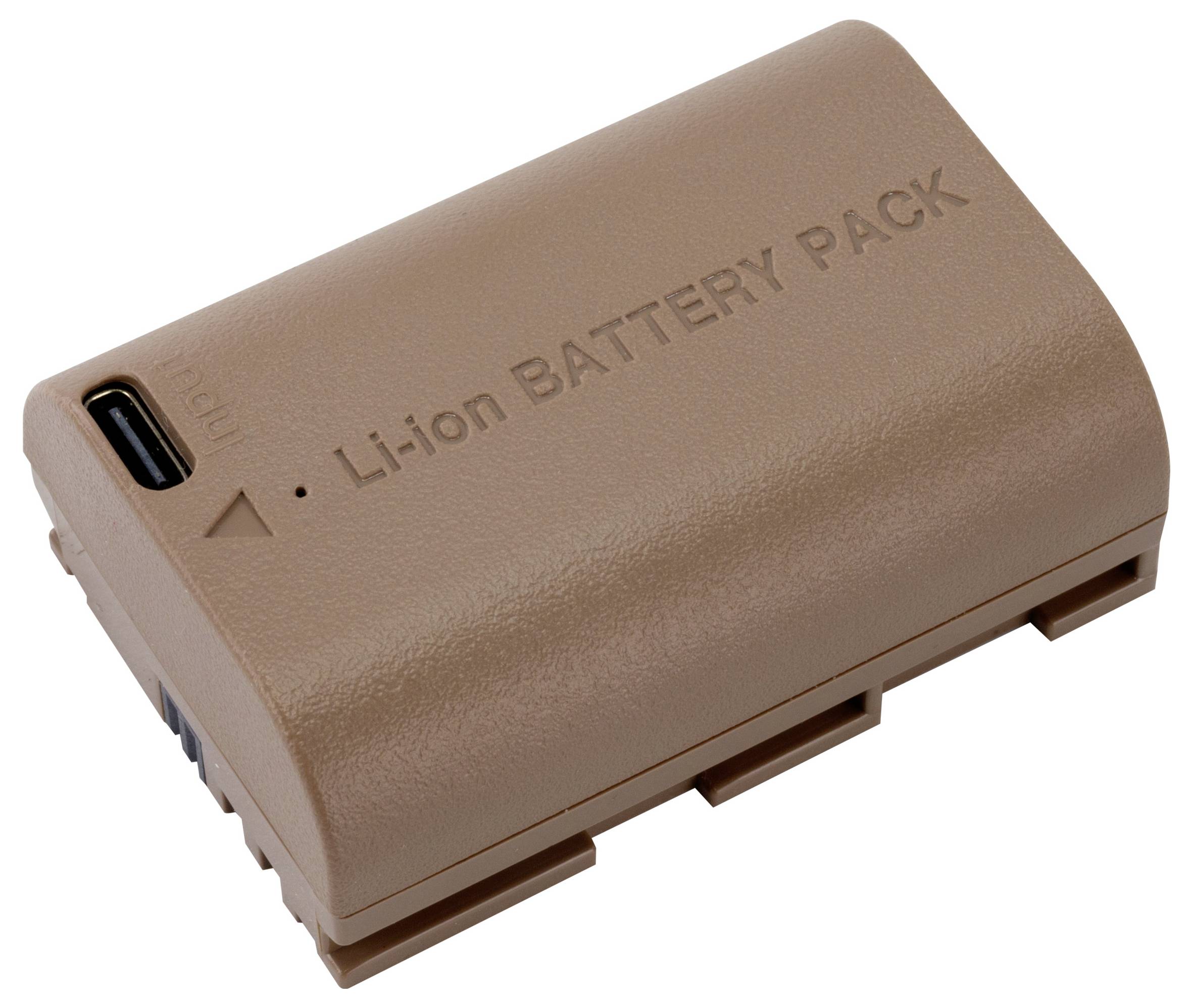 Brauner Li-Ionen-Akku mit der Aufschrift 'Li-ion BATTERY PACK', USB-C-Anschluss sichtbar.