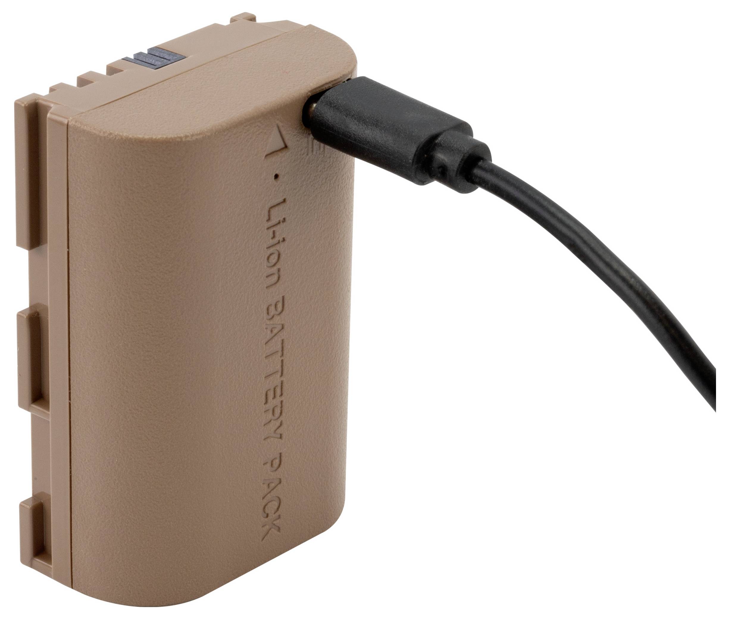 Ein brauner Lithium-Ionen-Akku wird aufgeladen. Ein schwarzes Kabel ist am oberen Ende des Akkus angeschlossen.