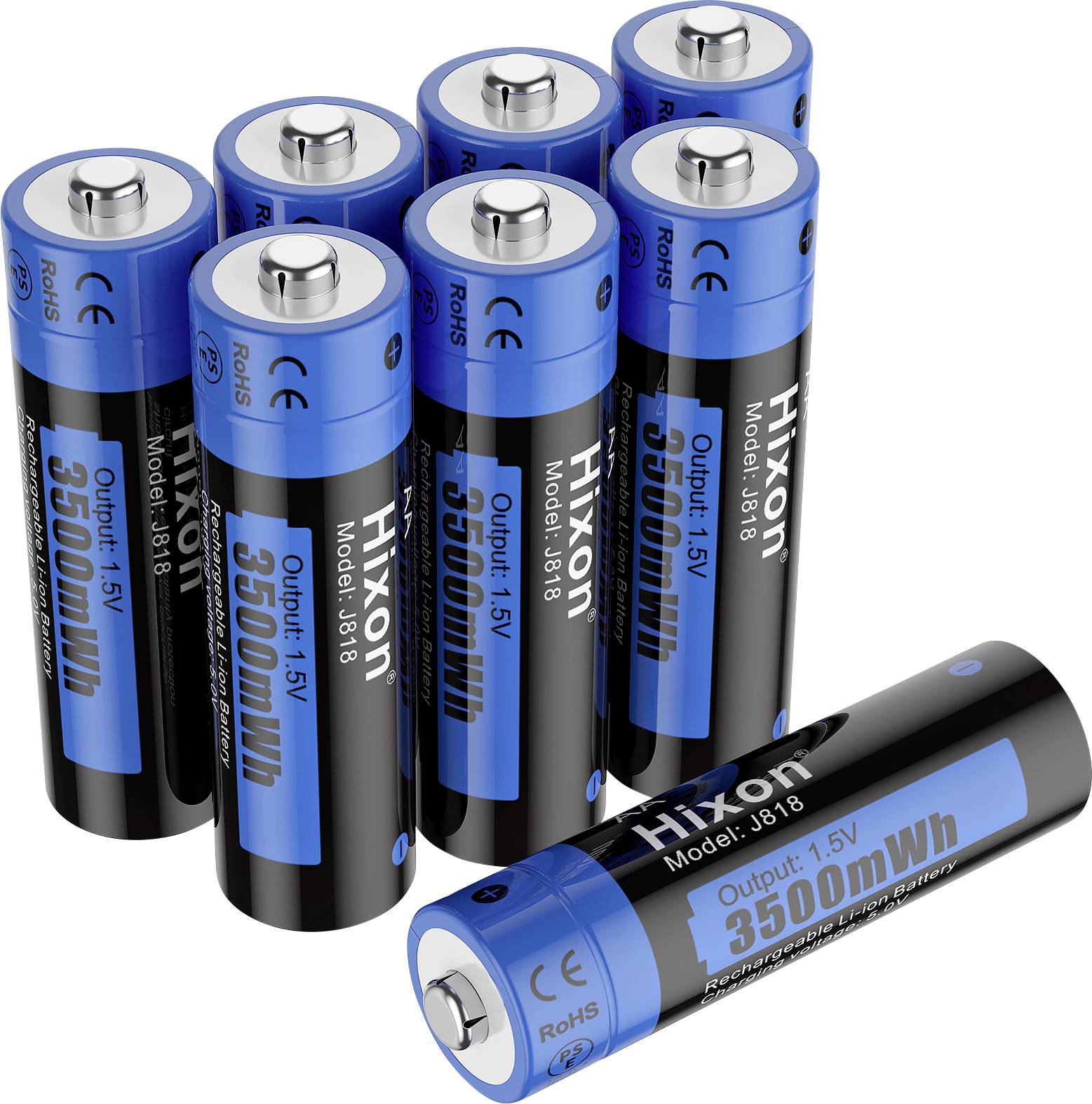 Acht schwarze und blaue Batterien mit der Aufschrift '3500 mWh Output 1.5V'. Eine Batterie liegt separat, um die Details zu zeigen.
