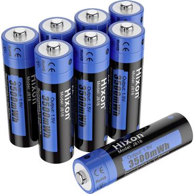 Acht schwarze und blaue Batterien mit der Aufschrift '3500 mWh Output 1.5V'. Eine Batterie liegt separat, um die Details zu zeigen.