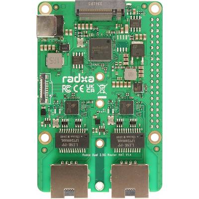 Leiterplatte eines Radxa Router Mainboards mit verschiedenen elektronischen Bauteilen und Anschlüssen.