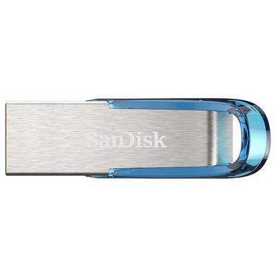 USB-Stick von SanDisk mit blauem, transparentem Verschluss und silbernem Gehäuse.