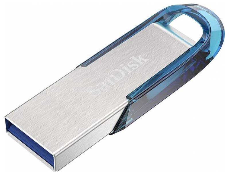 USB-Stick mit metallischem Gehäuse und blauem, durchsichtigem Kunststoff am Griff. Aufschrift: 'SanDisk'.