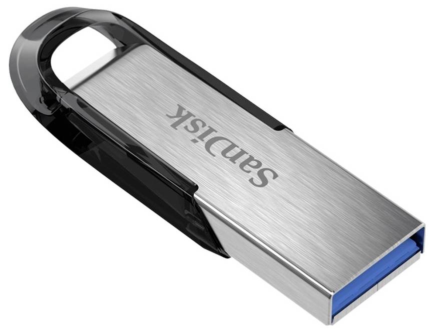 USB-Stick mit silbernem Gehäuse und schwarzem Plastikrahmen. Die Aufschrift 'SanDisk' ist auf der Oberfläche zu sehen.