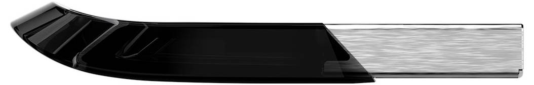 Schwarzes und silbernes Objekt, das einem USB-Stick ähnelt. Es hat ein glattes Design mit abgerundeten Kanten und glänzendem Finish.