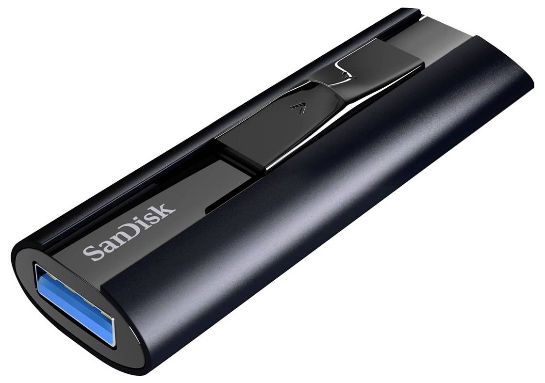 USB-Stick von SanDisk in Schwarz. Er hat einen blauen USB-Anschluss und ein schlankes, modernes Design.