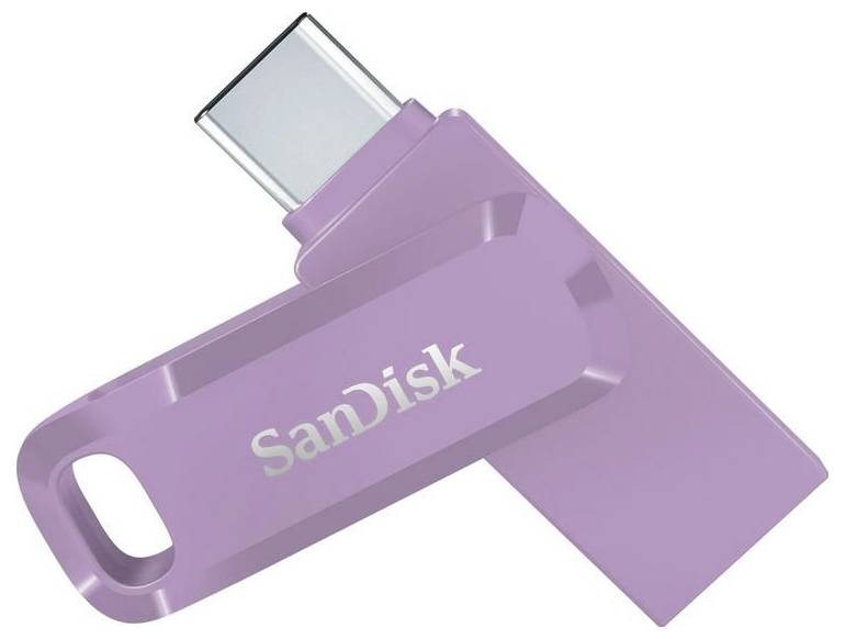 Lila USB-Stick mit silberner Aufschrift 'SanDisk'. Der Stick hat einen USB-C-Anschluss und einen kleinen Ring zum Befestigen.