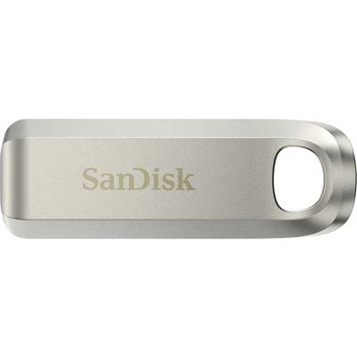Ein silberner SanDisk USB-Stick mit abgerundeten Kanten und einem Loch zur Befestigung an einem Schlüsselbund.