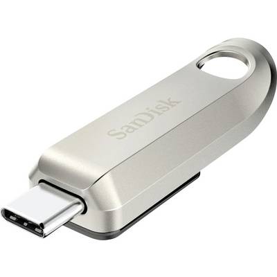Ein silberner USB-Stick der Marke SanDisk mit USB-C-Anschluss.