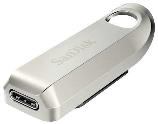 USB-Stick von SanDisk in Silber, Modell mit geschlossenem Ring am Ende und USB-C Anschluss.