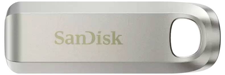 Silberner SanDisk-USB-Stick mit abgerundeten Kanten und einem Schlaufenloch am Ende für einfachen Transport.