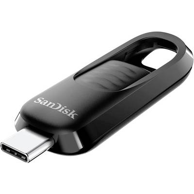 Ein schwarzer USB-Stick der Marke SanDisk mit USB-C Anschluss.