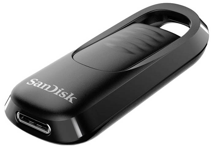 USB-Stick von SanDisk, schwarz mit einem geschwungenen Design, zeigt das Logo auf der Vorderseite.