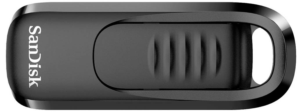 Ein schwarzer USB-Stick mit dem Markennamen 'SanDisk' auf der linken Seite. Der Stick hat eine abgerundete Form und eine Kappe mit Griffstruktur.
