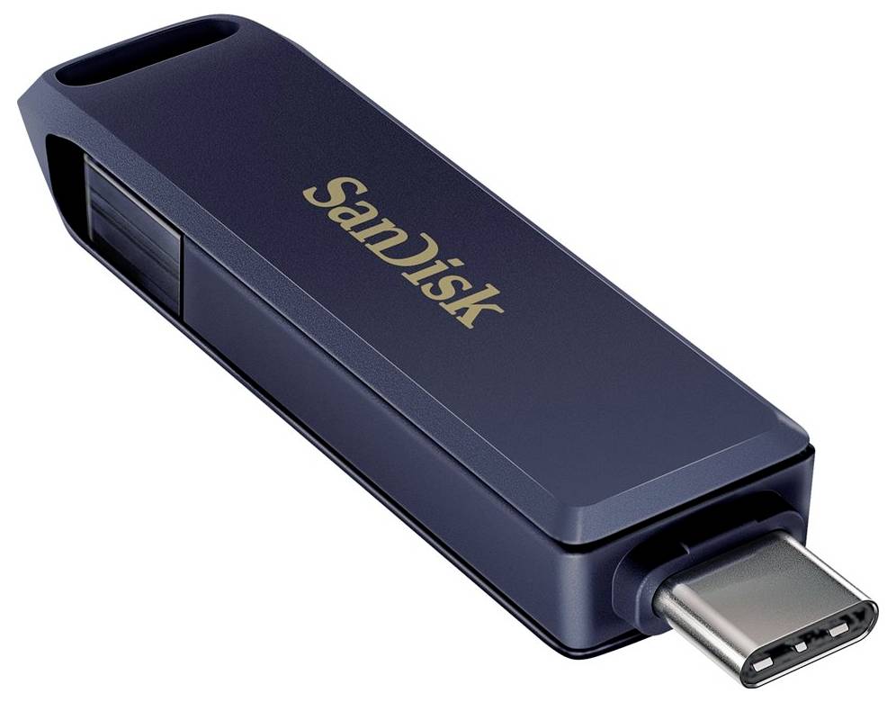 USB-Stick von SanDisk mit USB-C-Anschluss, dunkelblaues Gehäuse, kompakt und tragbar, geeignet für Datenspeicherung und -übertragung.