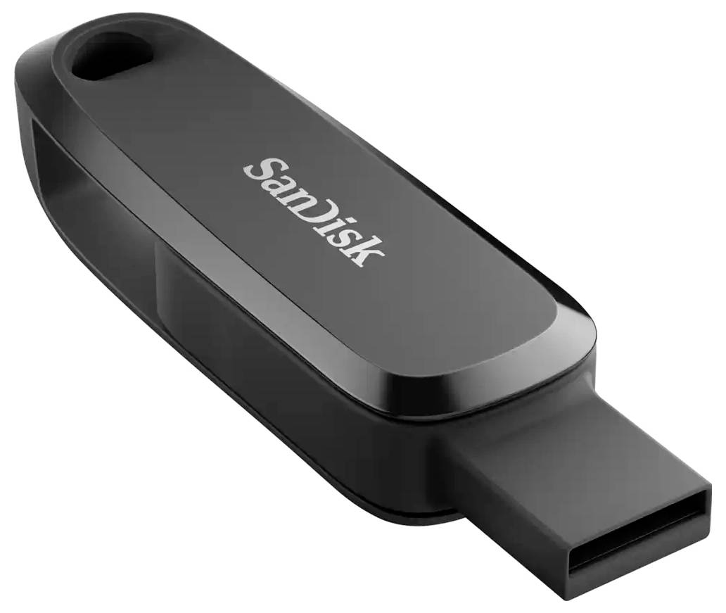 Ein schwarzer USB-Stick mit der Aufschrift 'SanDisk'.