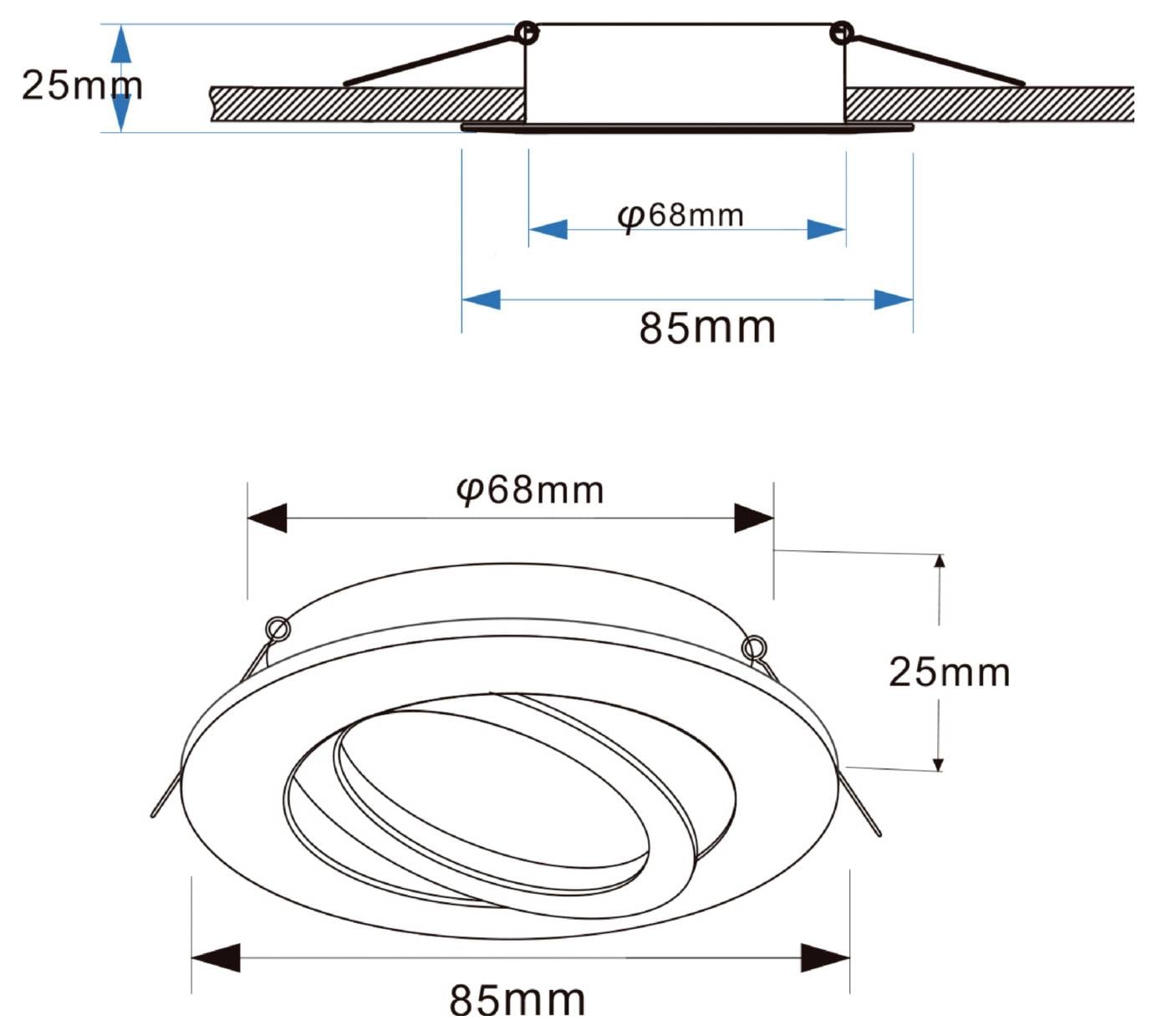 Technische Zeichnung einer Einbau-Rundleuchte mit folgenden Abmessungen: 85 mm Außendurchmesser, 68 mm Öffnung und 25 mm Einbautiefe.