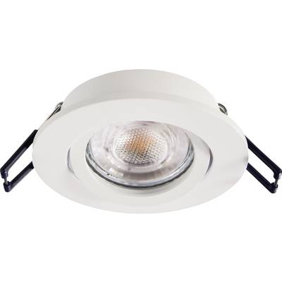 Runder, weißer LED-Einbaustrahler mit schwenkbarer Lichtquelle und Halteklammern an den Seiten zur Befestigung an der Decke.