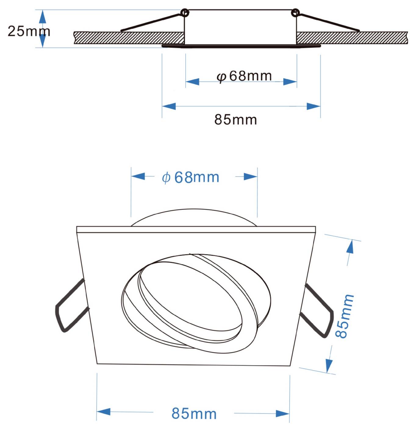 Technische Zeichnung einer Einbauleuchte mit Montagemaßen: 25 mm Tiefe, 68 mm Ausschnittdurchmesser und 85 mm Gesamtbreite/-höhe.