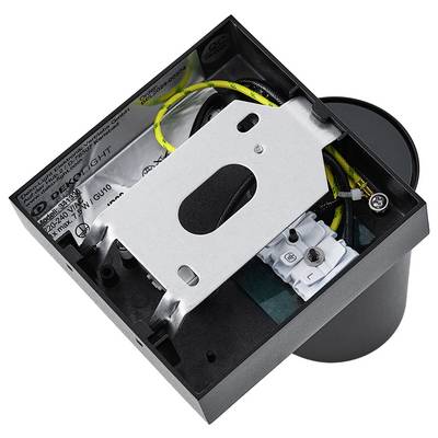 Eine schwarze Leuchte mit sichtbarer Verkabelung und Montagehalterung von Dekolight, geeignet für Leuchtmittel von 220-240V/50Hz, max. 10W/GU10.
