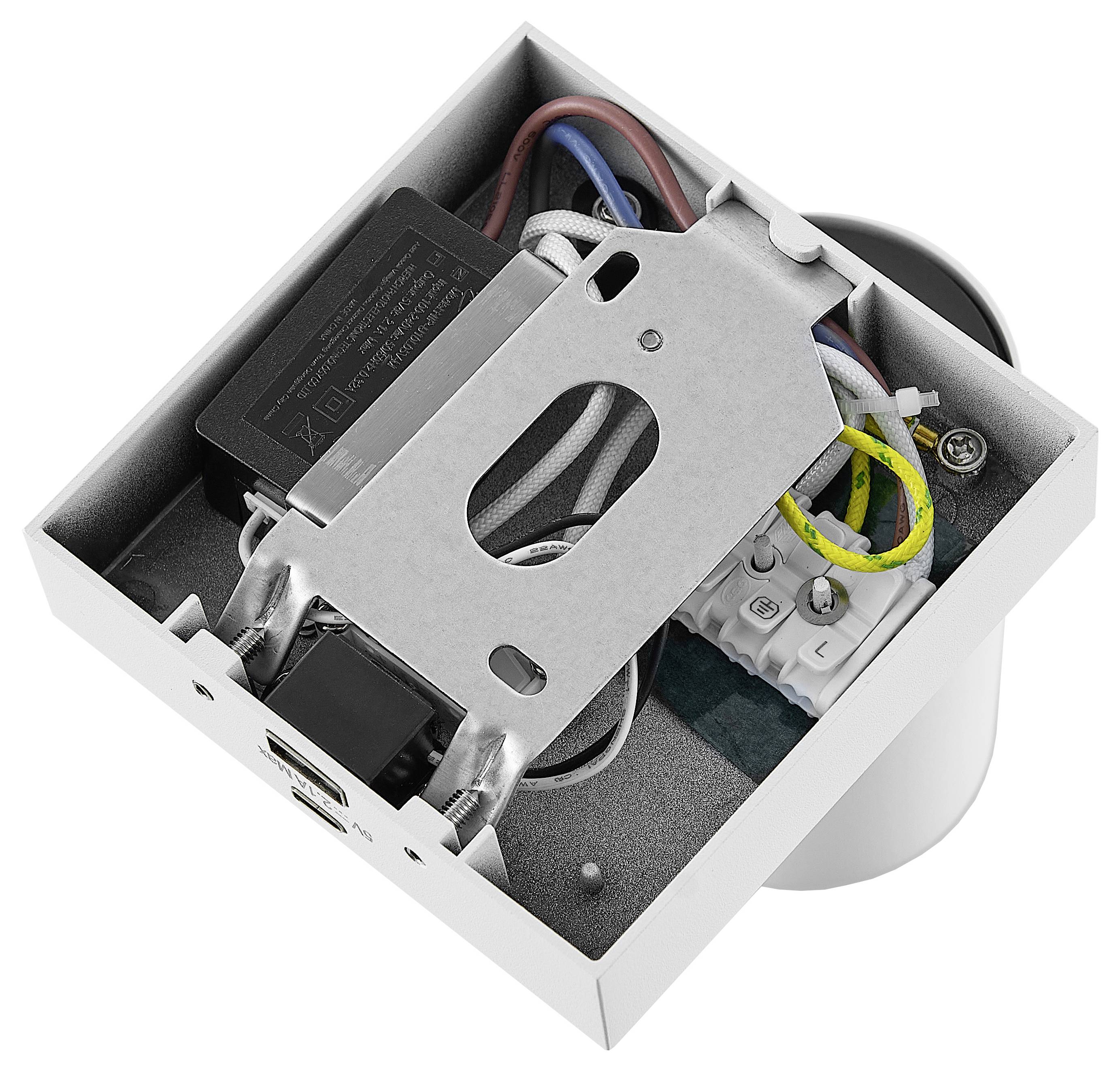 Deckenleuchte mit offenem Gehäuse zeigt elektrische Verkabelung und Komponenten in einem quadratischen, metallischen Rahmen.