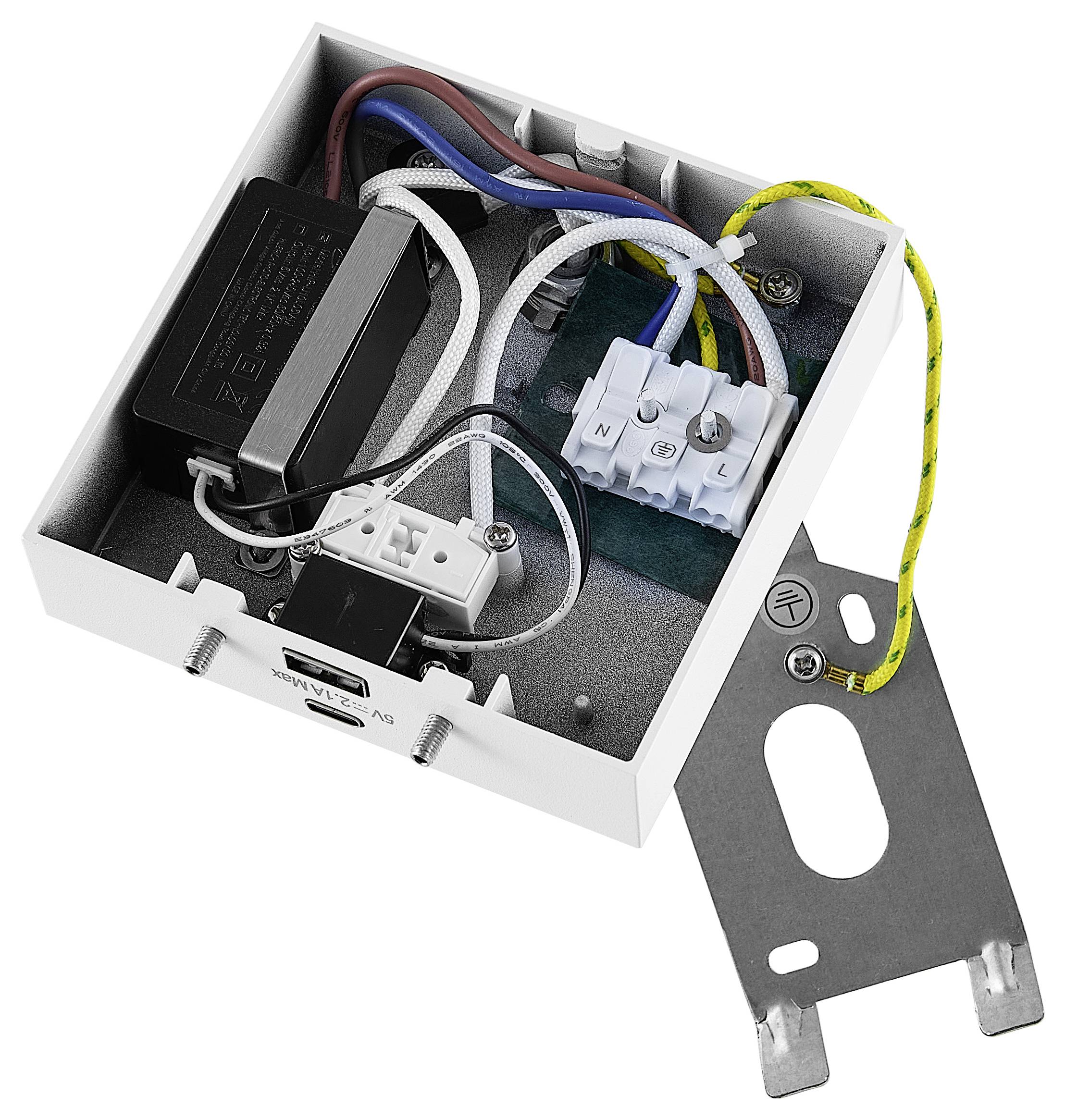 Elektrischer Anschlusskasten mit Verkabelung, Klemmen und Metallplatte für Wandmontage. Enthält Transformator und Erdungskabel.