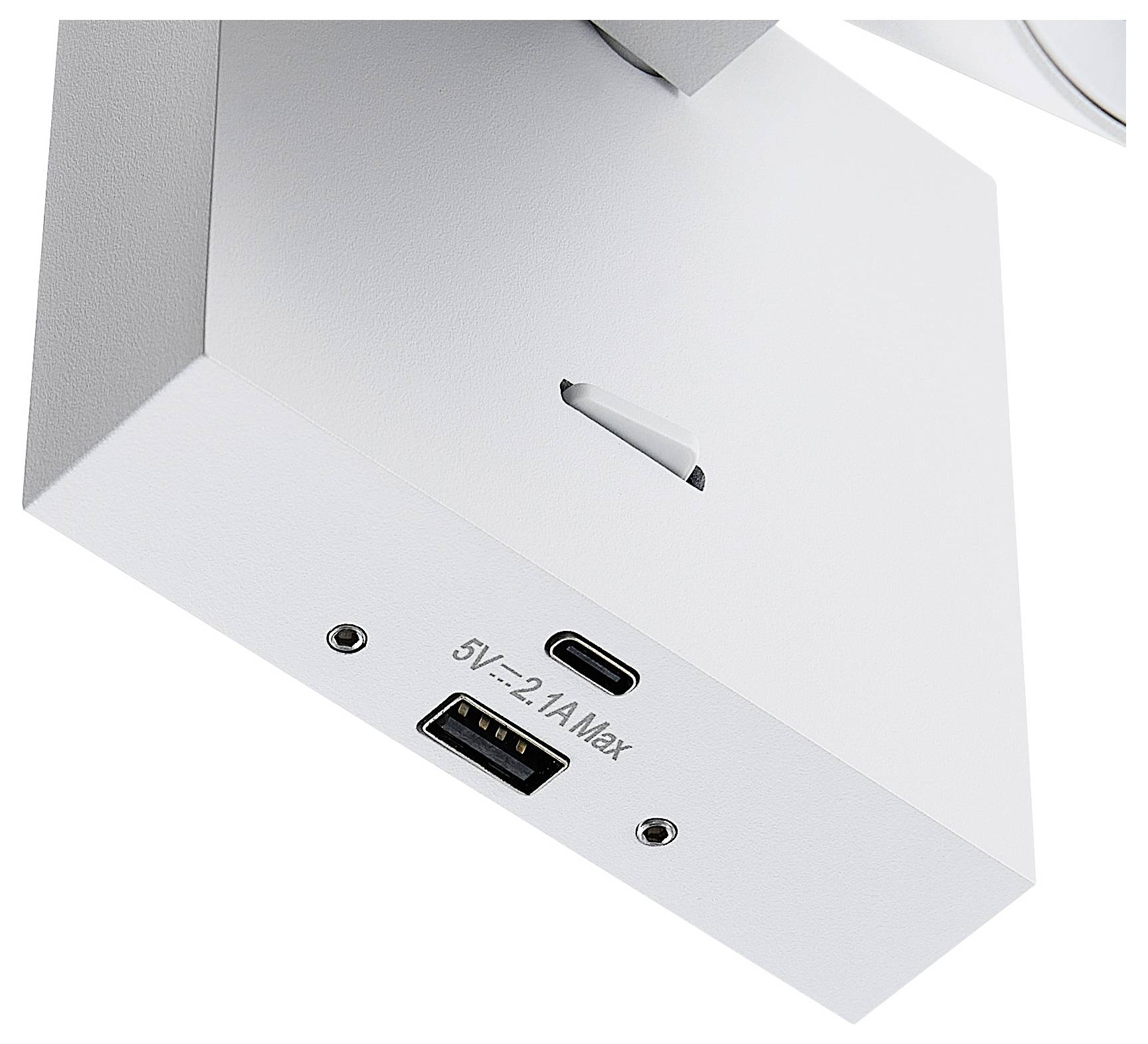 Weiße Oberfläche mit zwei USB-Anschlüssen: ein Typ-C und ein Standard-USB. Beschriftet mit '5V==2.1A Max'.
