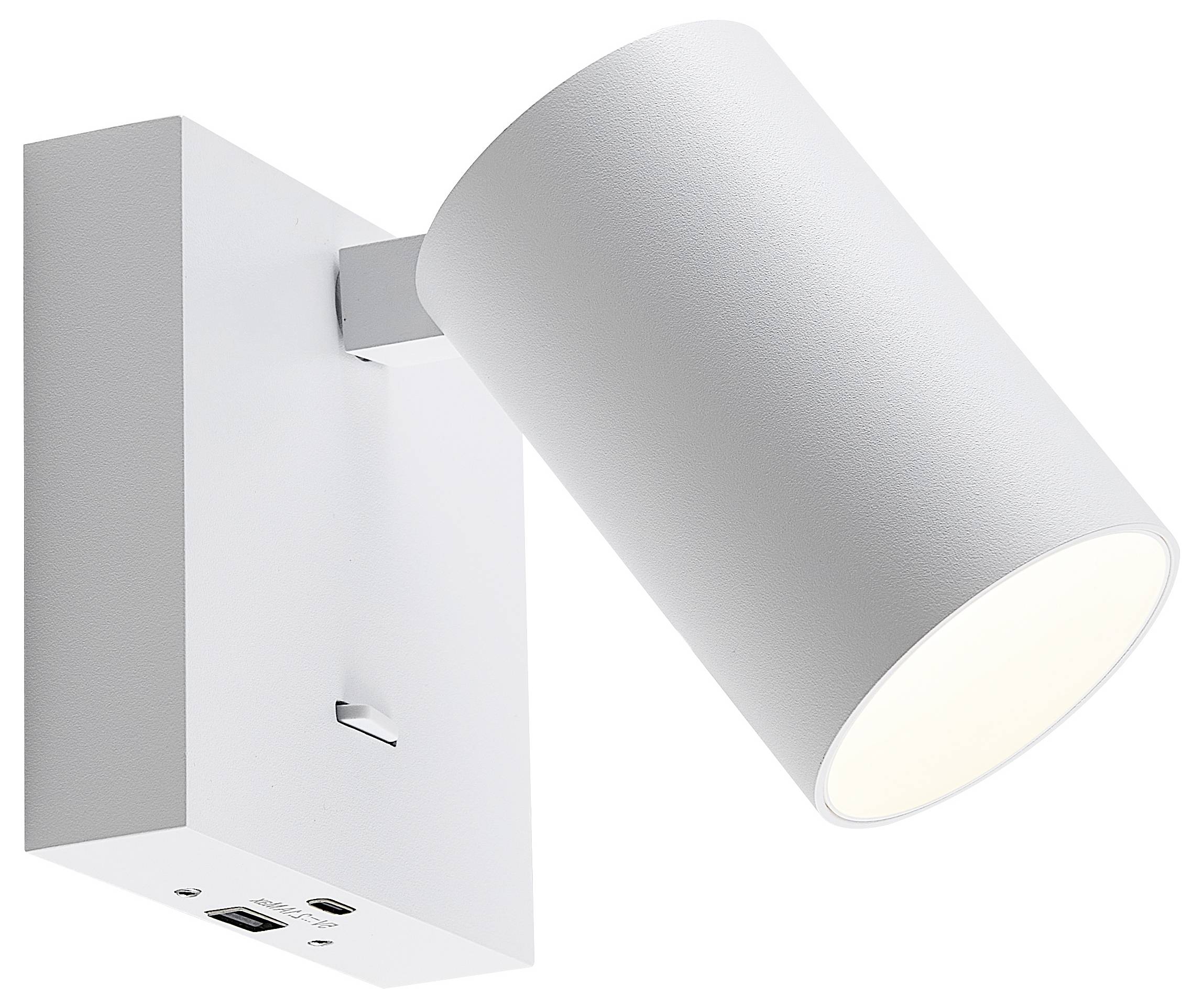 Weiße Wandlampe mit zylindrischem Strahler und rechteckiger Halterung, leuchtet leicht nach unten in modernem Design.
