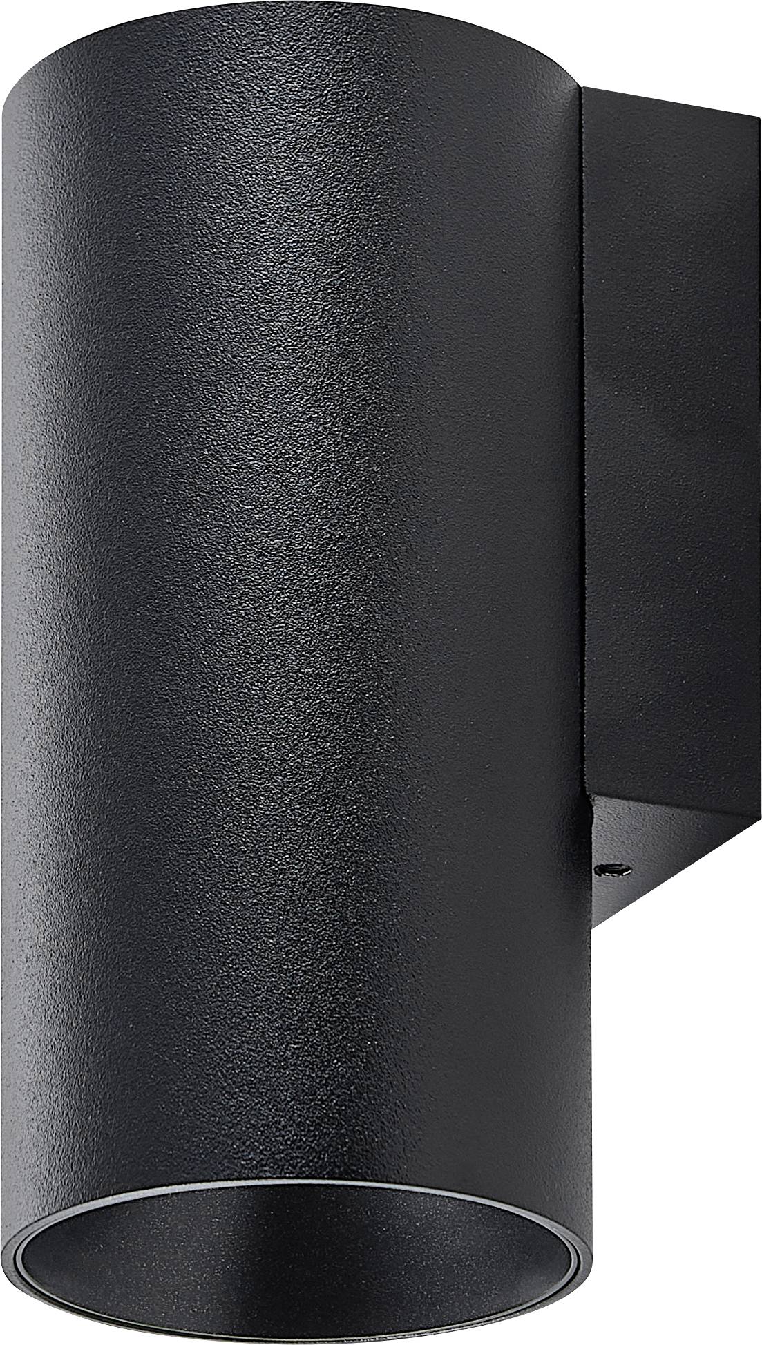 Eine schwarze, zylindrische Außenleuchte, die an der Wand montiert ist, zur Beleuchtung von Wänden oder Eingängen.
