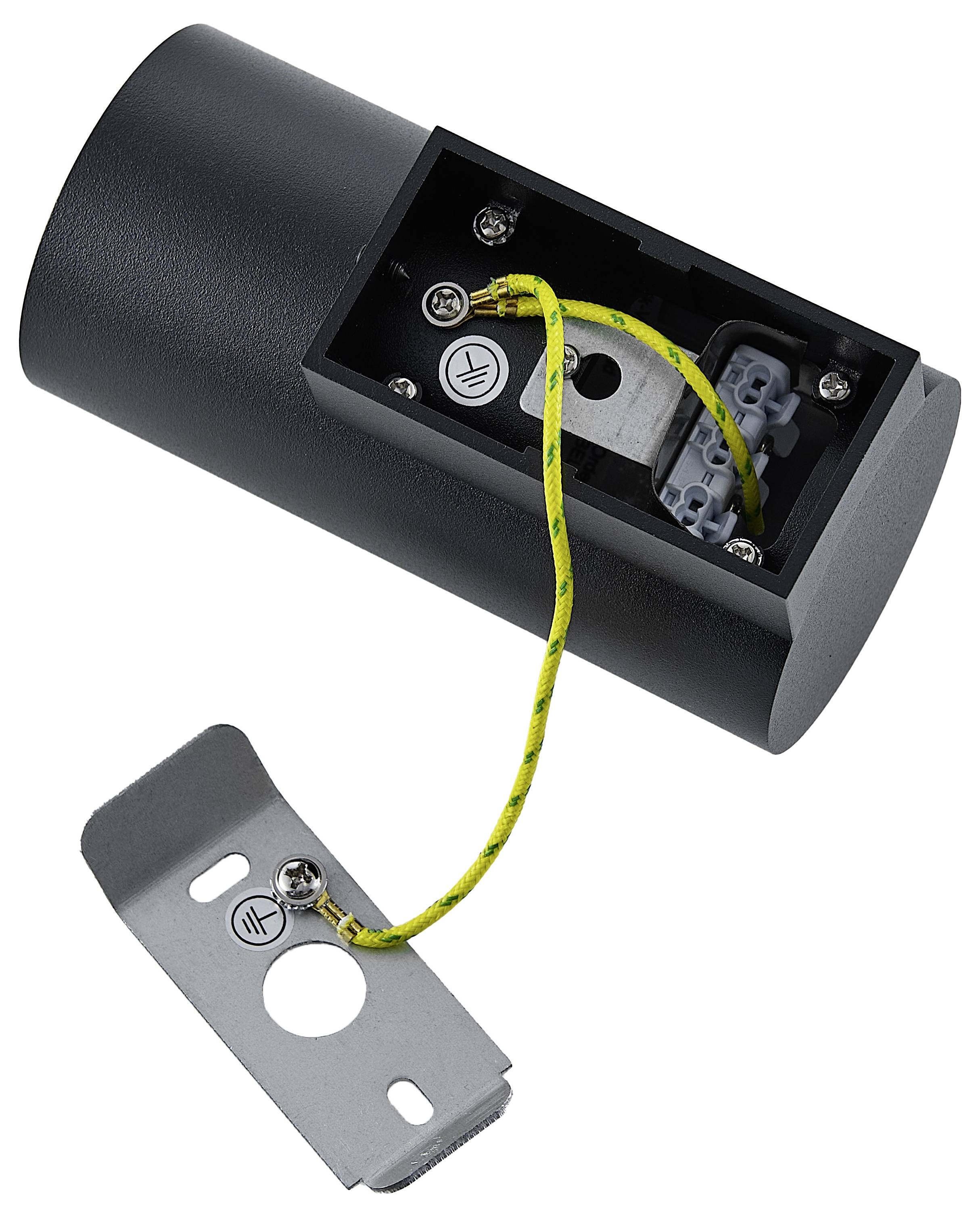 'Zylindrisches elektronisches Bauteil mit abnehmbarem Metalldeckel und gelbem Kabel, das an Anschlüssen befestigt ist.'