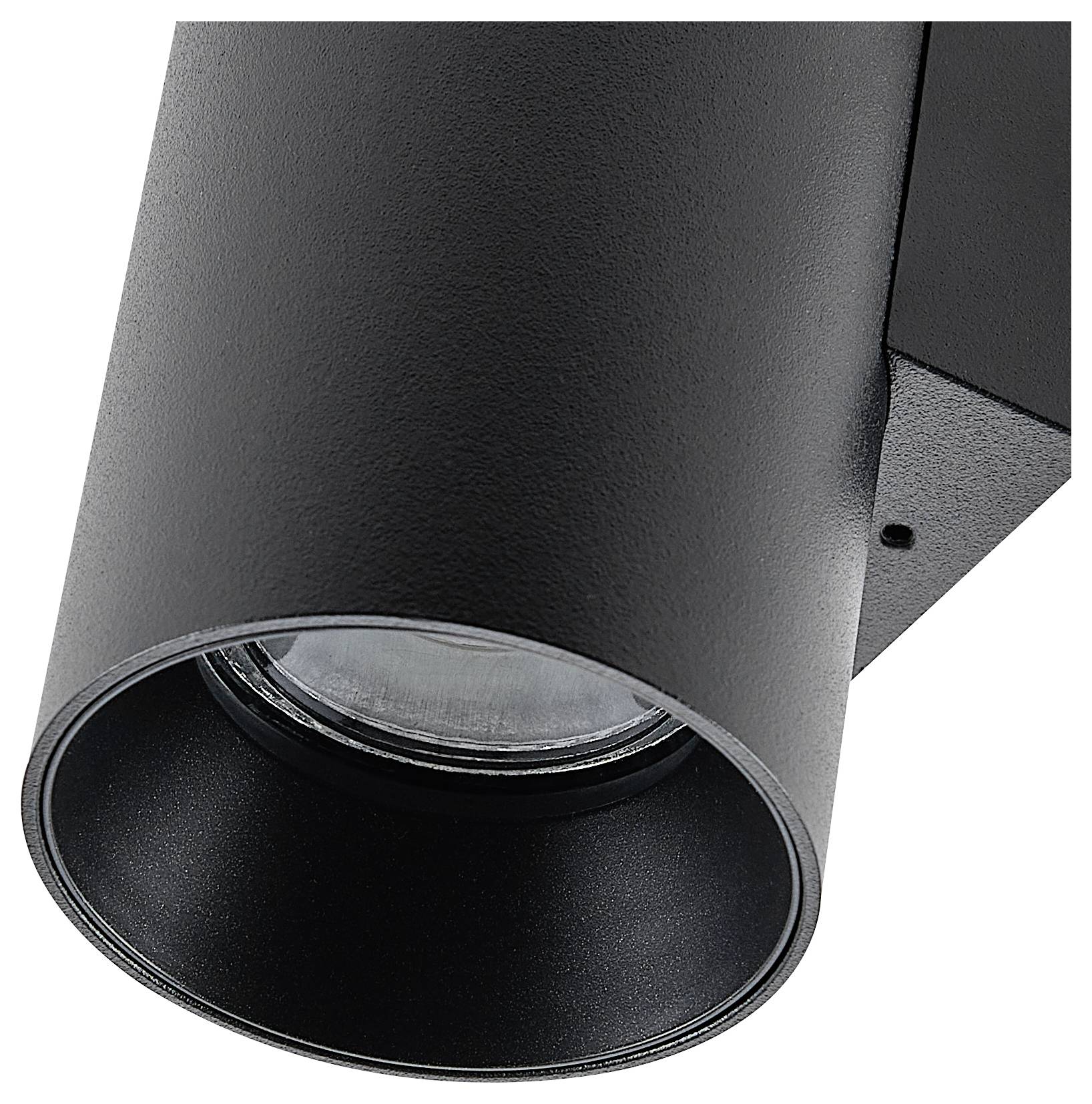 Schwarze zylindrische LED-Wandleuchte mit modernem Design, geeignet für Innenbeleuchtung, Betonwände oder Holzoptik.
