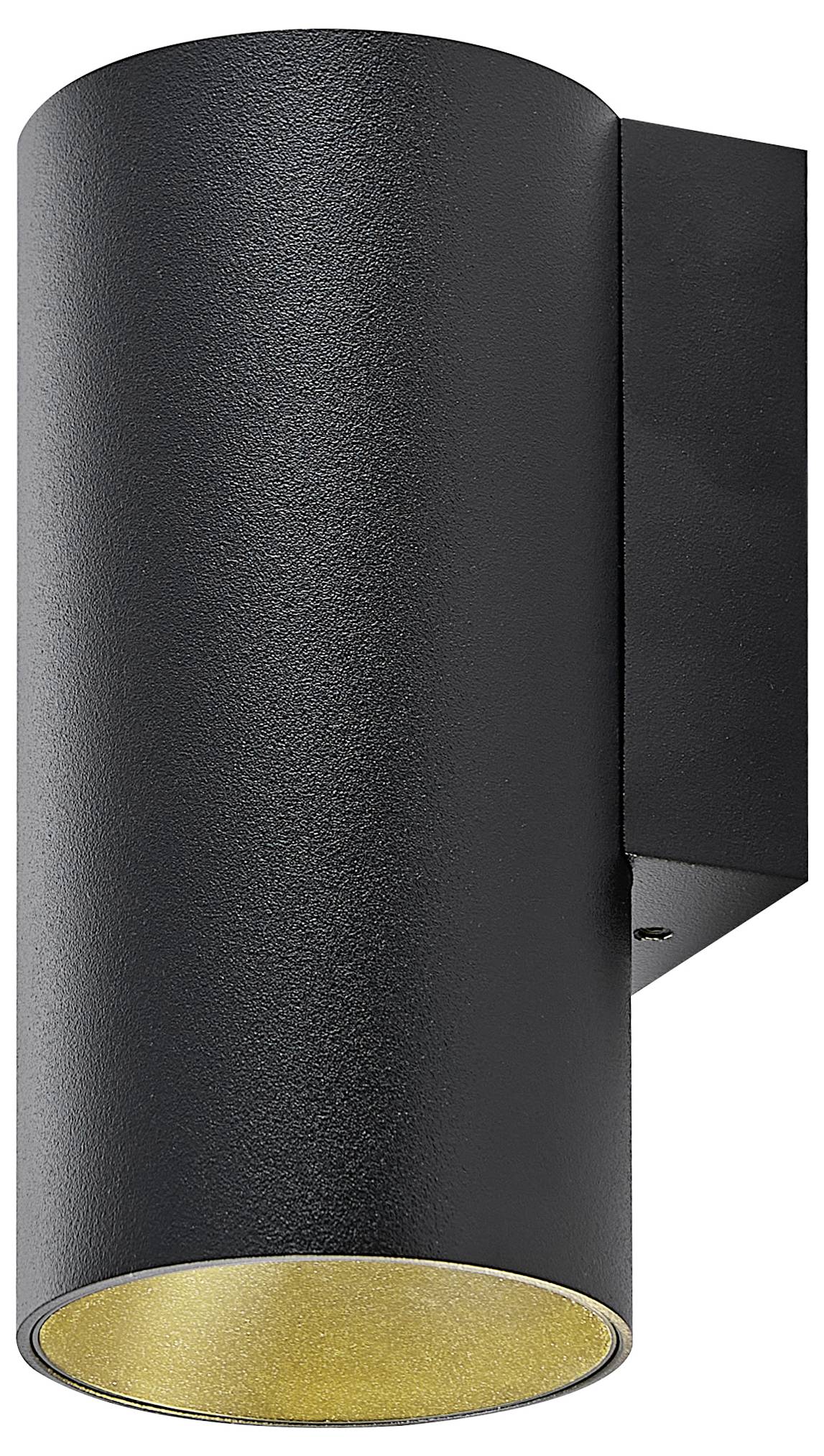 Schwarze zylindrische Wandleuchte mit goldenem Innenschirm, geeignet für moderne Innenräume.