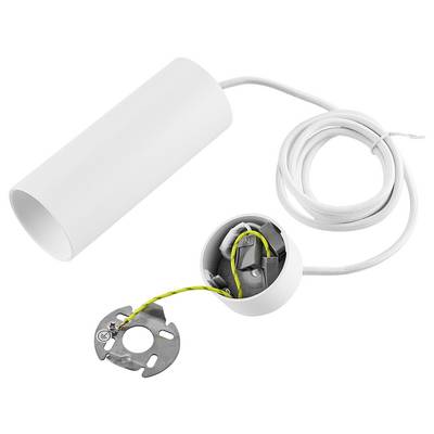 Ein weißes, zylindrisches elektrisches Bauteil mit Kabel und Metallscheibe, vermutlich ein Teil einer Leuchte oder eines elektrischen Geräts.