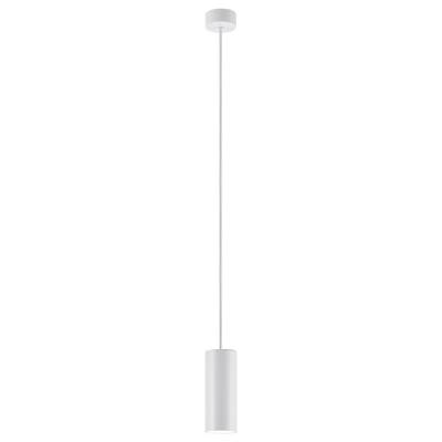 Weiße, zylindrische Pendelleuchte mit schlichtem Design und dünner Aufhängung, geeignet für moderne Wohnräume.