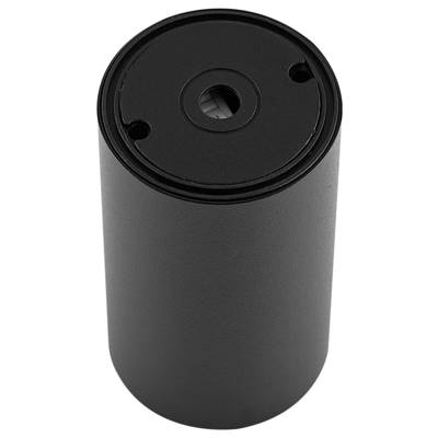 Ein zylindrisches, schwarz lackiertes technisches Bauteil mit mittigem Loch, vermutlich ein Gehäuse oder eine Halterung.