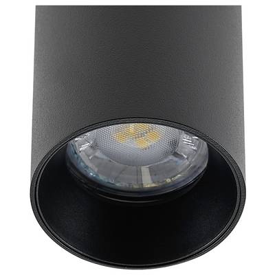 Eine schwarze LED-Deckenleuchte mit zylindrischem Gehäuse, die nach unten leuchtet, zeigt das Leuchtmittel im Inneren.