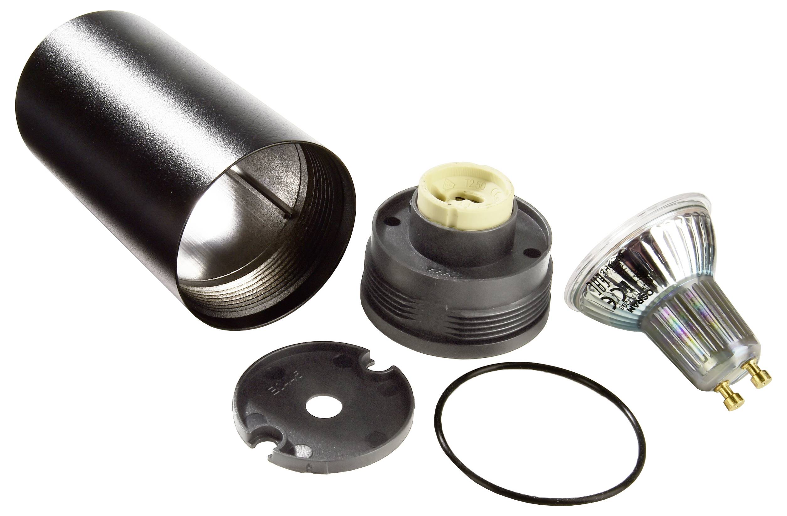 Ein zerlegter schwarzer Lampensockel mit GU10-Fassung und Halogenstrahler, umgeben von Ringen und Abdeckplatte auf weißem Hintergrund.