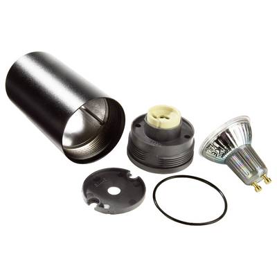 Ein zerlegter schwarzer Lampensockel mit GU10-Fassung und Halogenstrahler, umgeben von Ringen und Abdeckplatte auf weißem Hintergrund.
