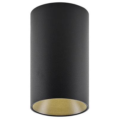 Eine zylindrische, schwarze Deckenleuchte mit goldfarbener Innenfläche, geeignet für moderne Innenausstattungen.
