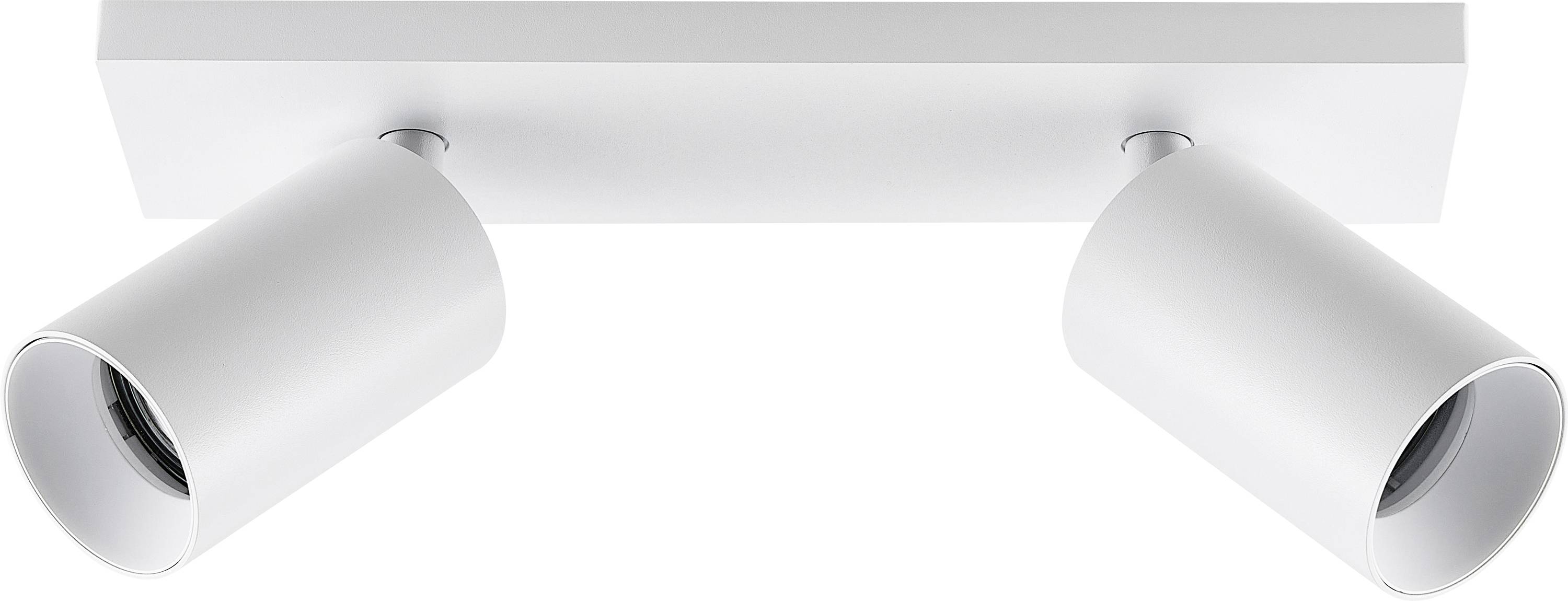 Zwei weiße Deckenstrahler auf einer rechteckigen Basis. Die Lampen sind leicht geneigt, um Licht in verschiedene Richtungen zu lenken.