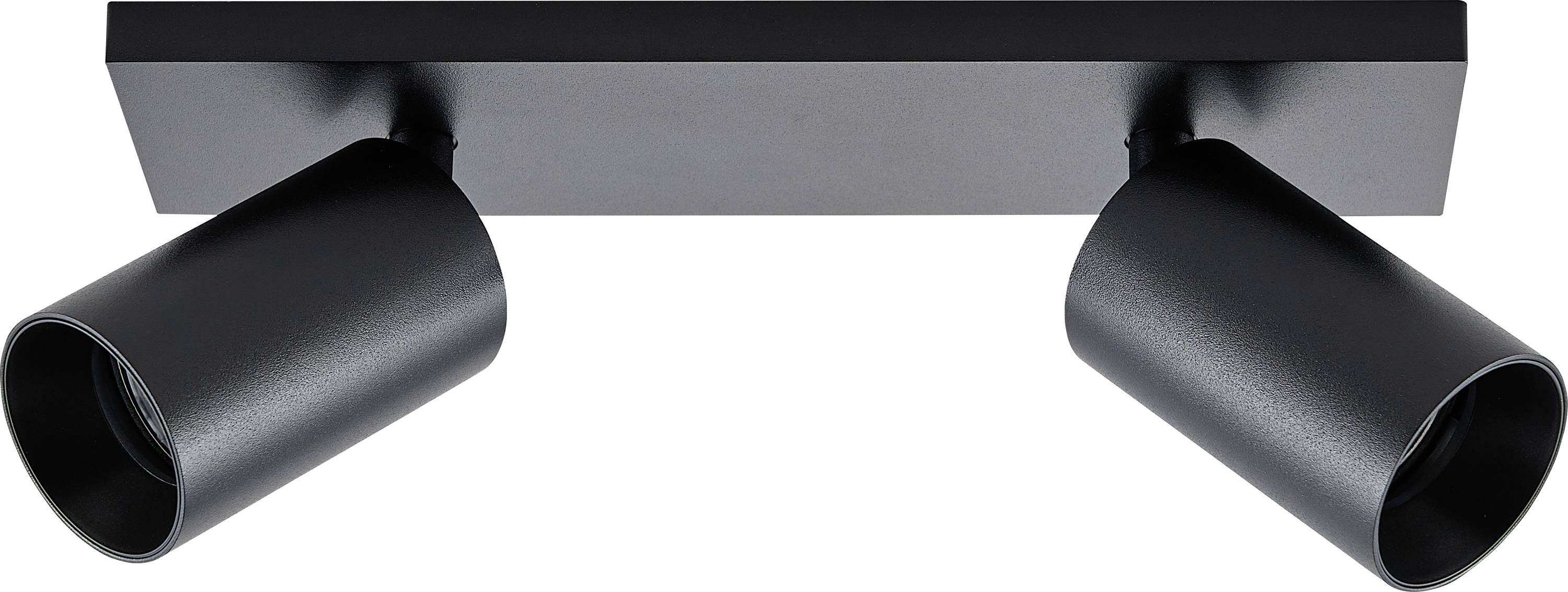 Schwarzes, rechteckiges Deckenspotlicht mit zwei verstellbaren, zylindrischen Lampenköpfen für gerichtete Beleuchtung.