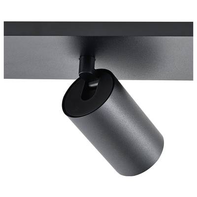 Eine schwarze, zylindrische Deckenleuchte mit einstellbarem Winkel, montiert an einer flachen Halterung. Ideal für gerichtetes Licht.